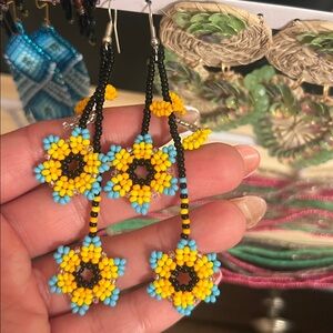 Beaded Floral Earrings in Yellow and Blue